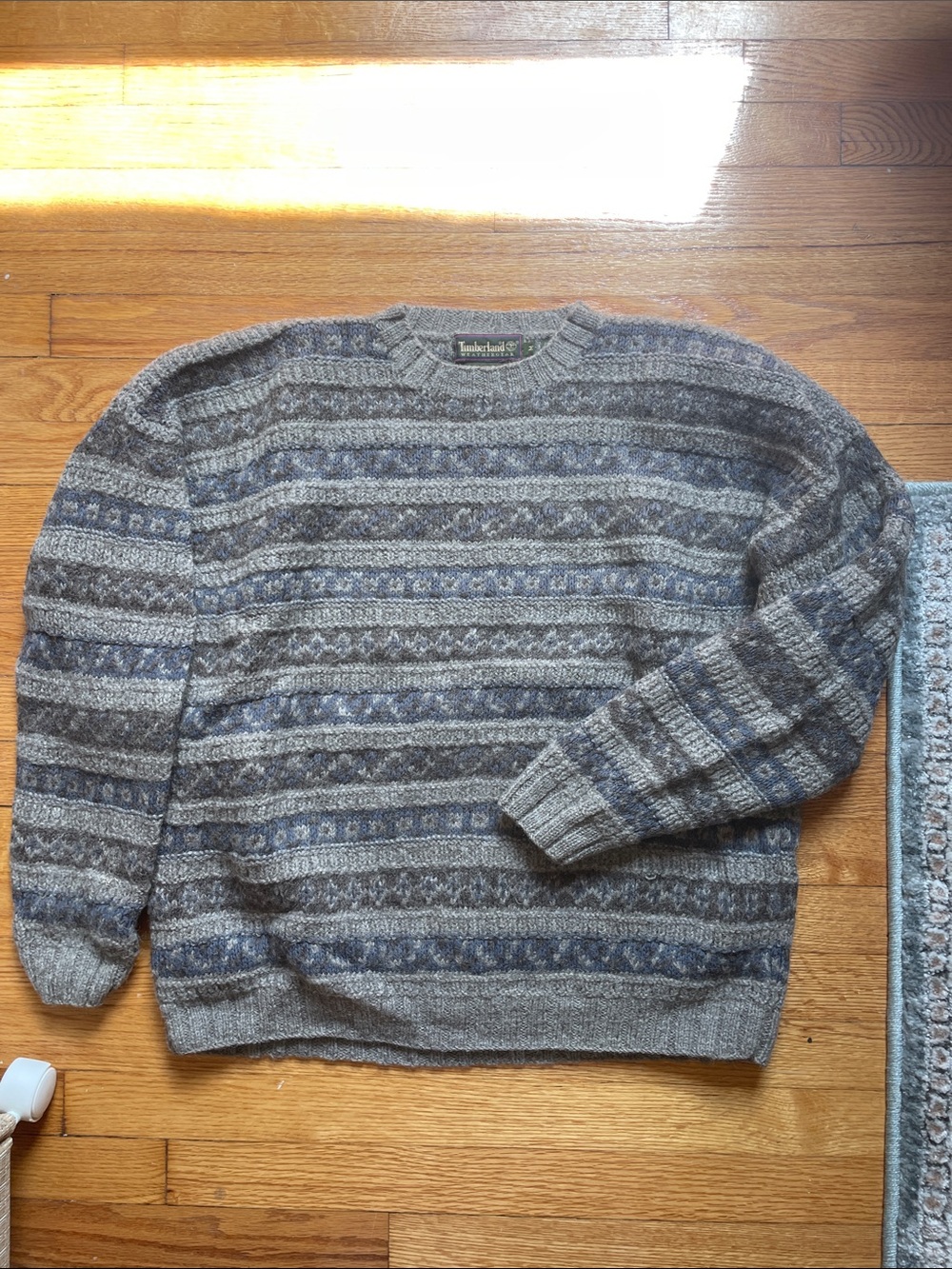 Timberland Handknit Blue and Gray Wool Crewneck Sweater
